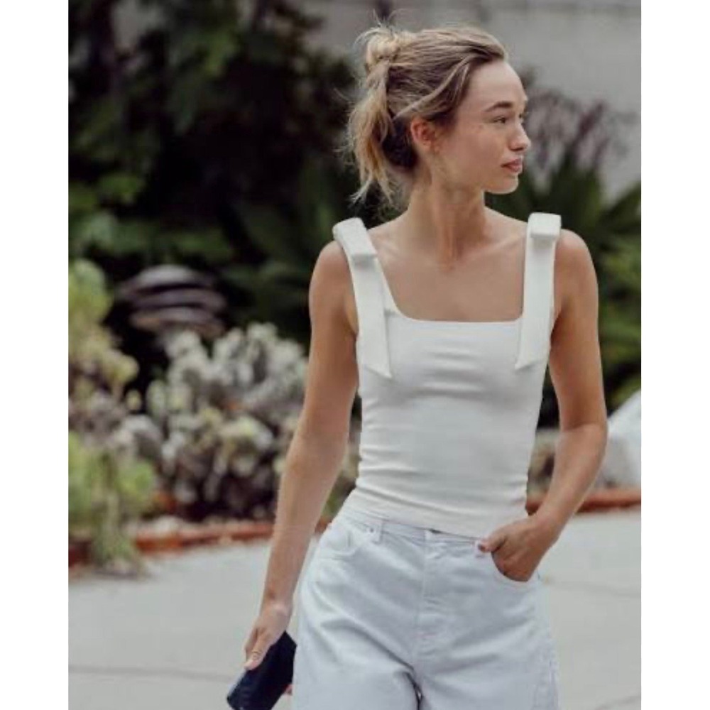 Zara XS White Structured Bow Strap Top Square Neck Fully Lined NWOT